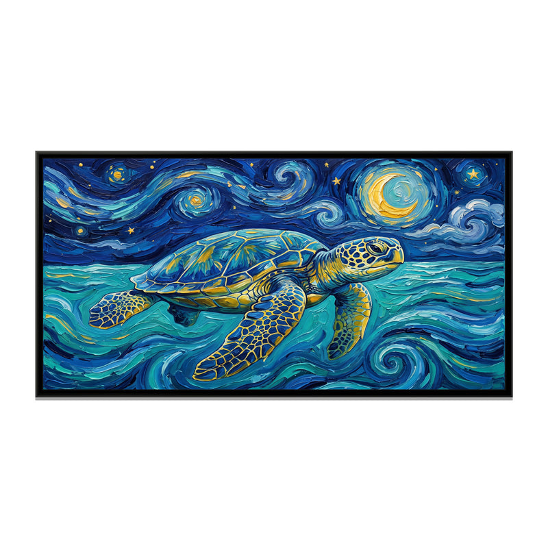 Sea Turtle Gliding under a Swirling Starry Sky - framed canvas print, front view