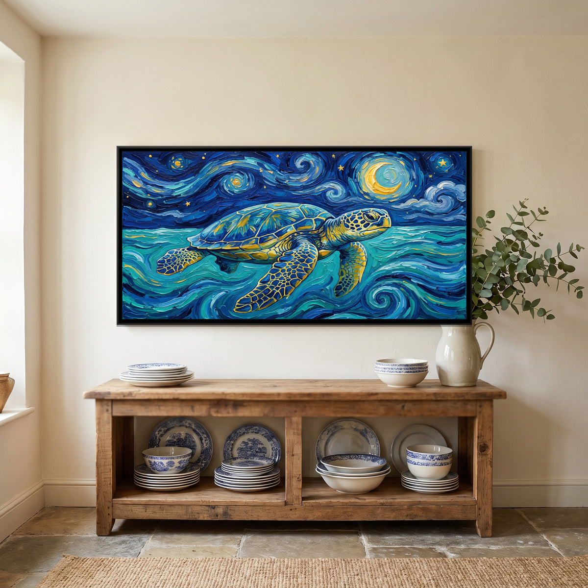 Sea Turtle Gliding under a Swirling Starry Sky - canvas art shown in a styled room