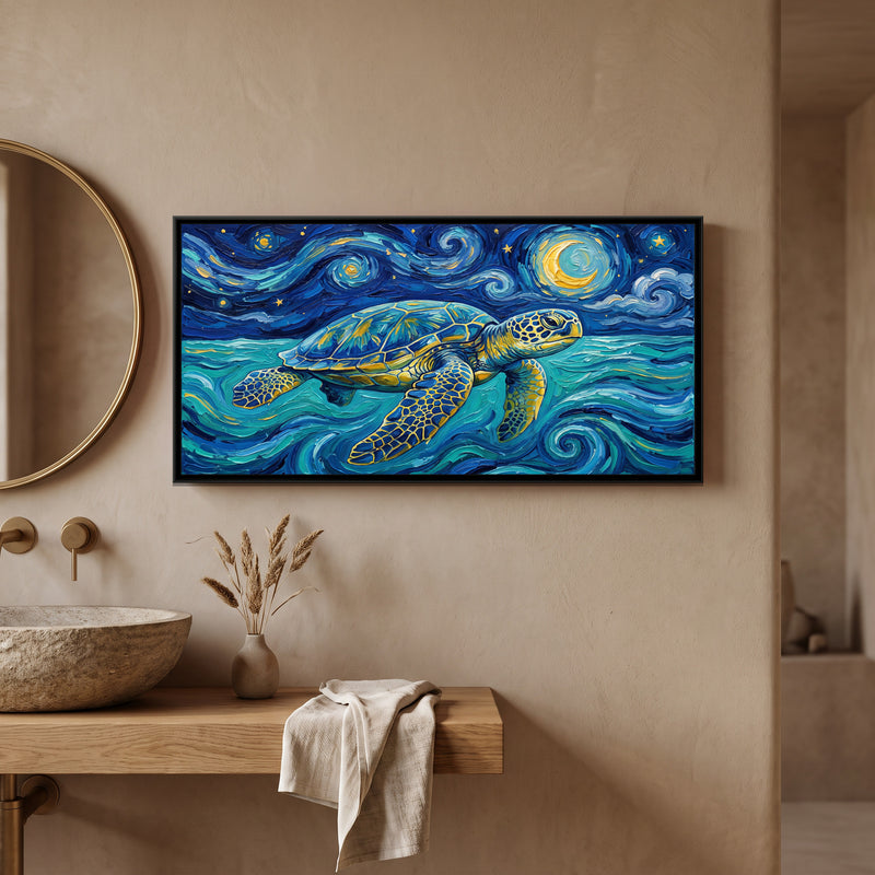 Sea Turtle Gliding under a Swirling Starry Sky - canvas art shown in a second room setting
