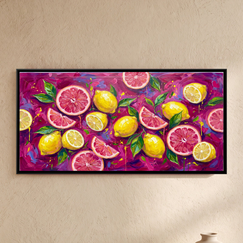 Pink Grapefruit and Lemons on Magenta - framed canvas art hung on a wall