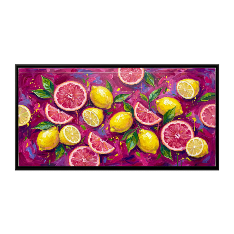 Pink Grapefruit and Lemons on Magenta - framed canvas print, front view