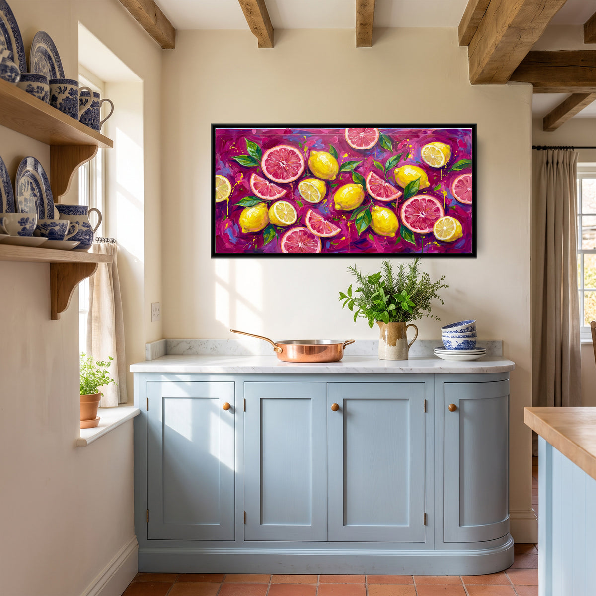 Pink Grapefruit and Lemons on Magenta - canvas art shown in a styled room