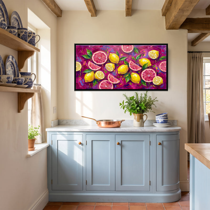 Pink Grapefruit and Lemons on Magenta - canvas art shown in a styled room