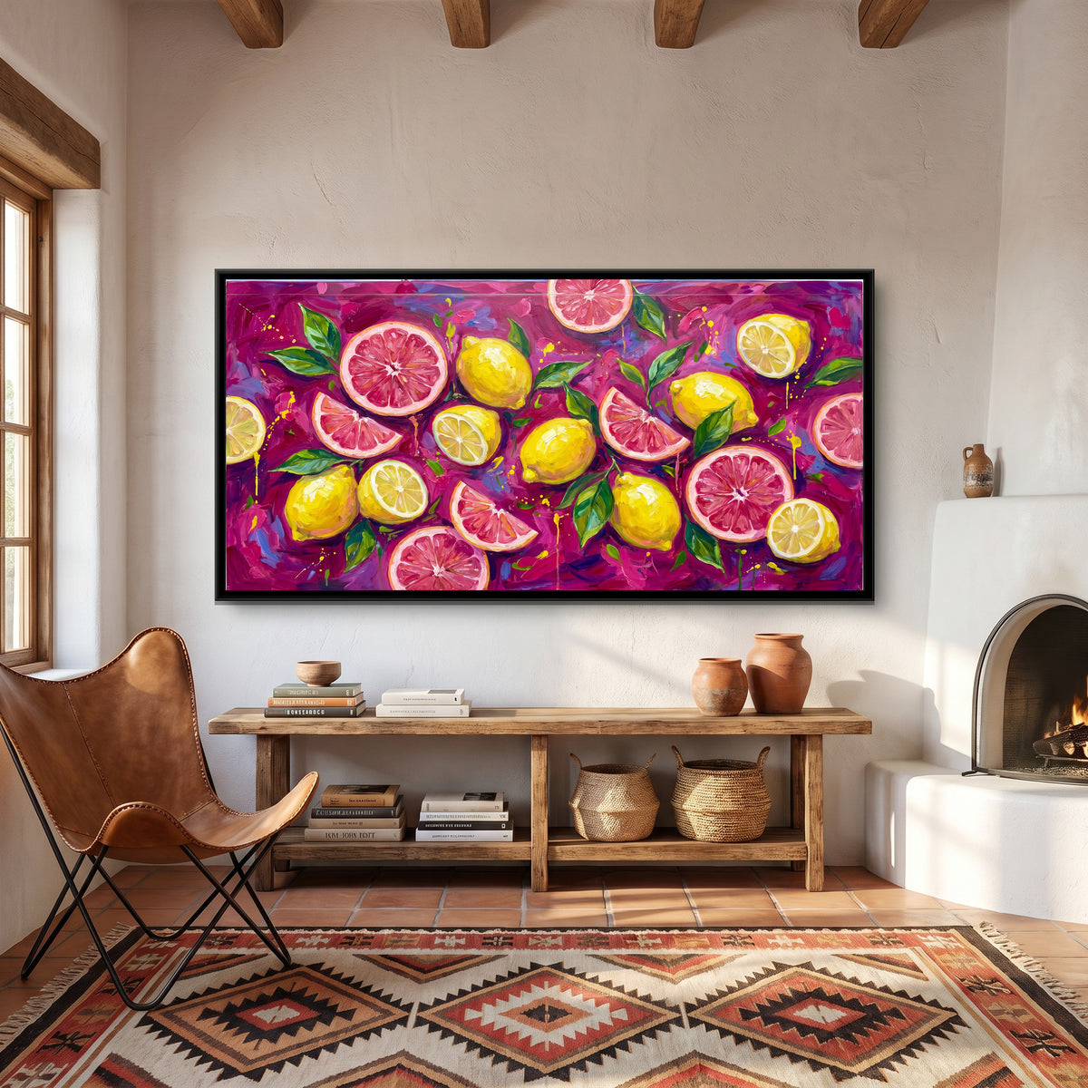 Pink Grapefruit and Lemons on Magenta - canvas art shown in a second room setting