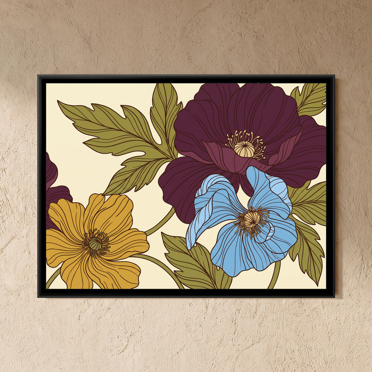 Retro Poppies in Plum and Cerulean - framed canvas art hung on a wall