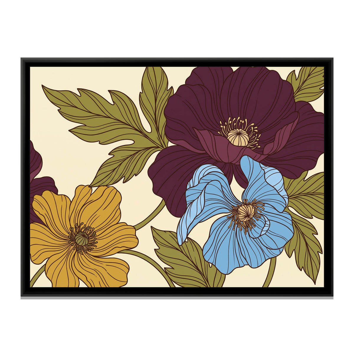 Retro Poppies in Plum and Cerulean - framed canvas print, front view