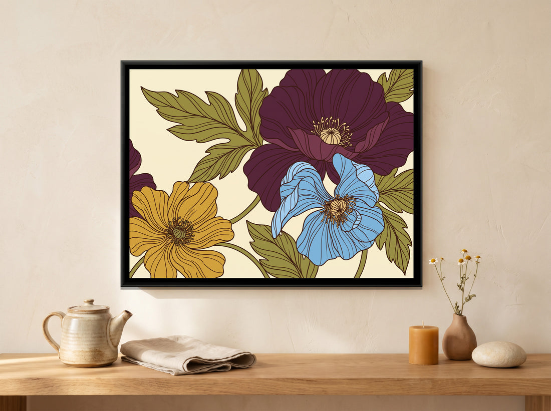 A Kolorkaari canvas in a floater frame, in a room