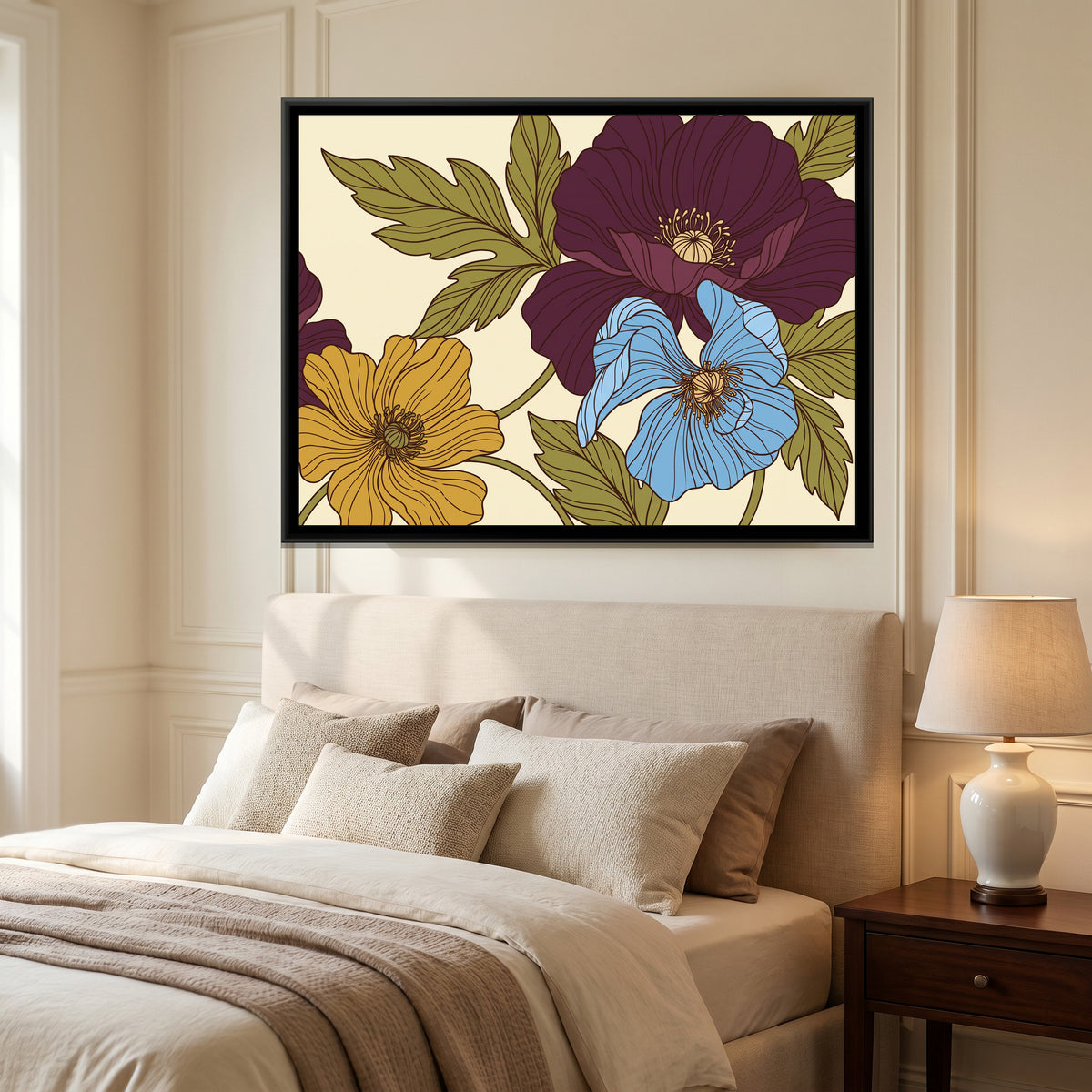 Retro Poppies in Plum and Cerulean - canvas art shown in a second room setting
