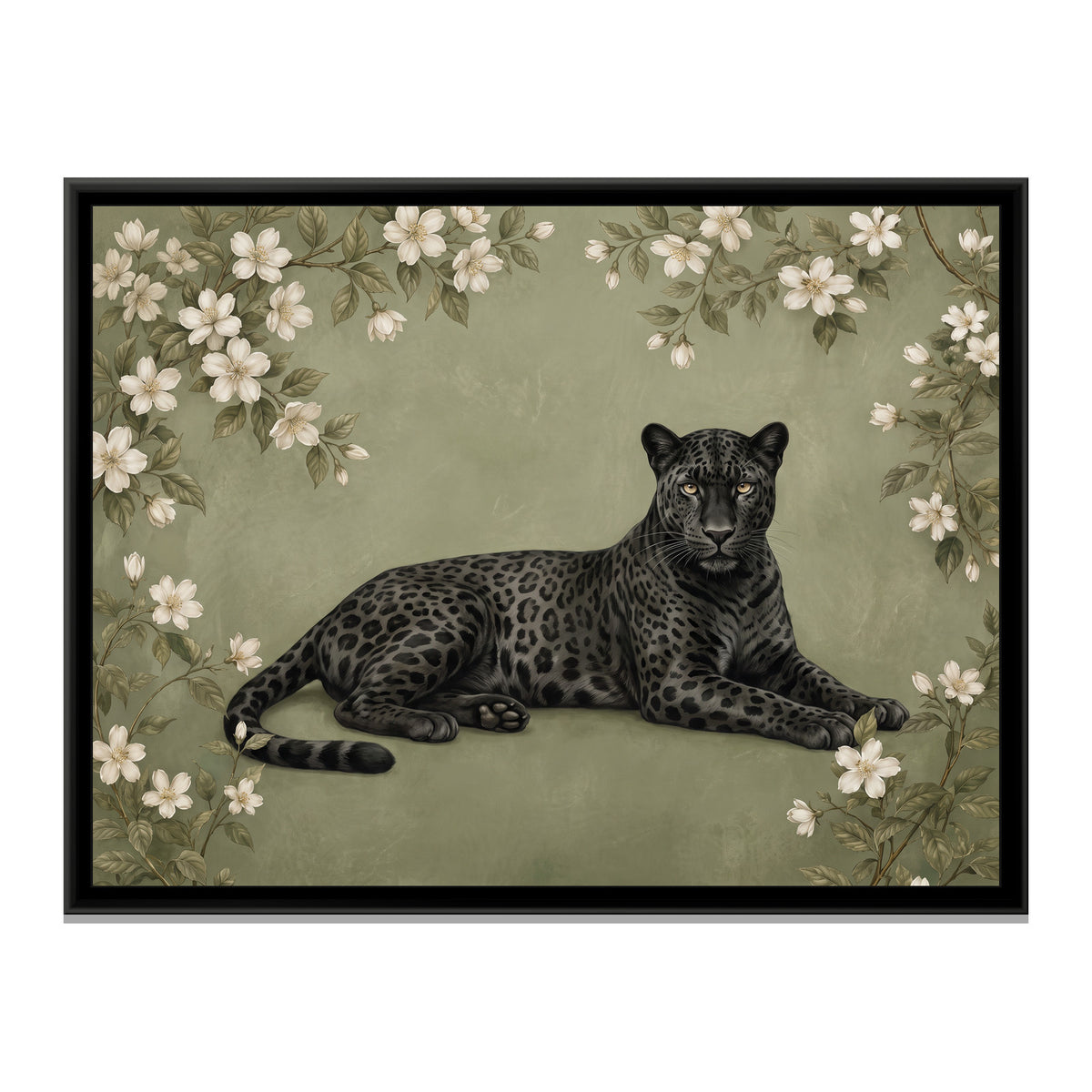 Midnight Leopard in Bloom - framed canvas print, front view