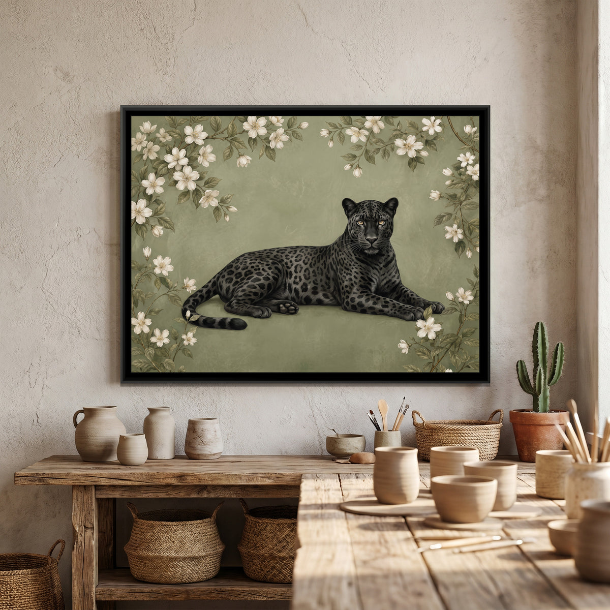 Midnight Leopard in Bloom - canvas art shown in a styled room