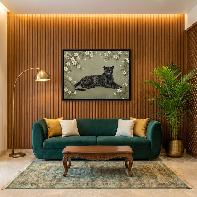 Midnight Leopard in Bloom - canvas art shown in a second room setting