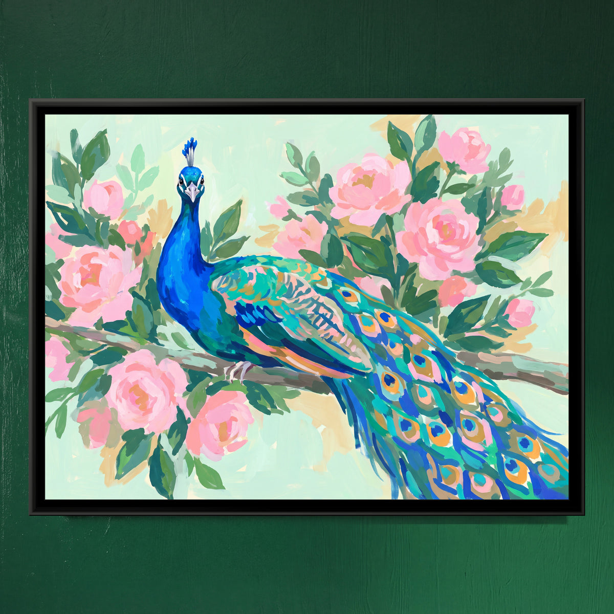 Peacock Amidst Pink Blooms - framed canvas art hung on a wall
