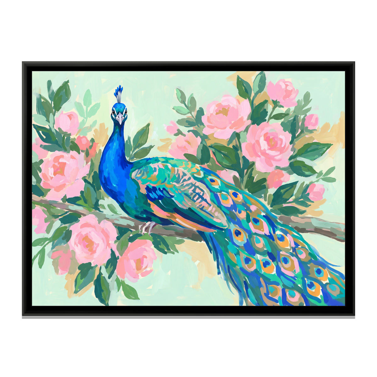 Peacock Amidst Pink Blooms - framed canvas print, front view