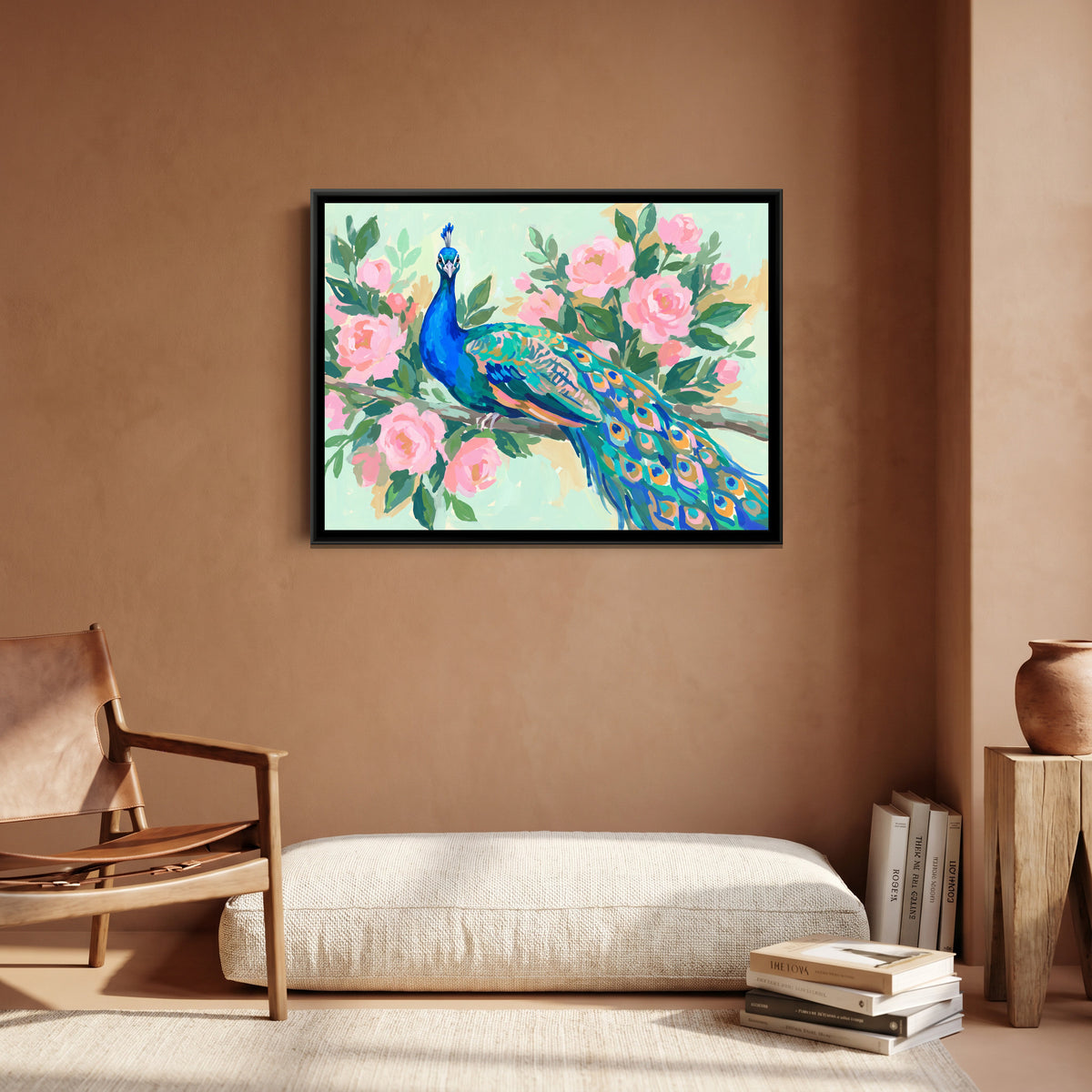 Peacock Amidst Pink Blooms - canvas art shown in a second room setting