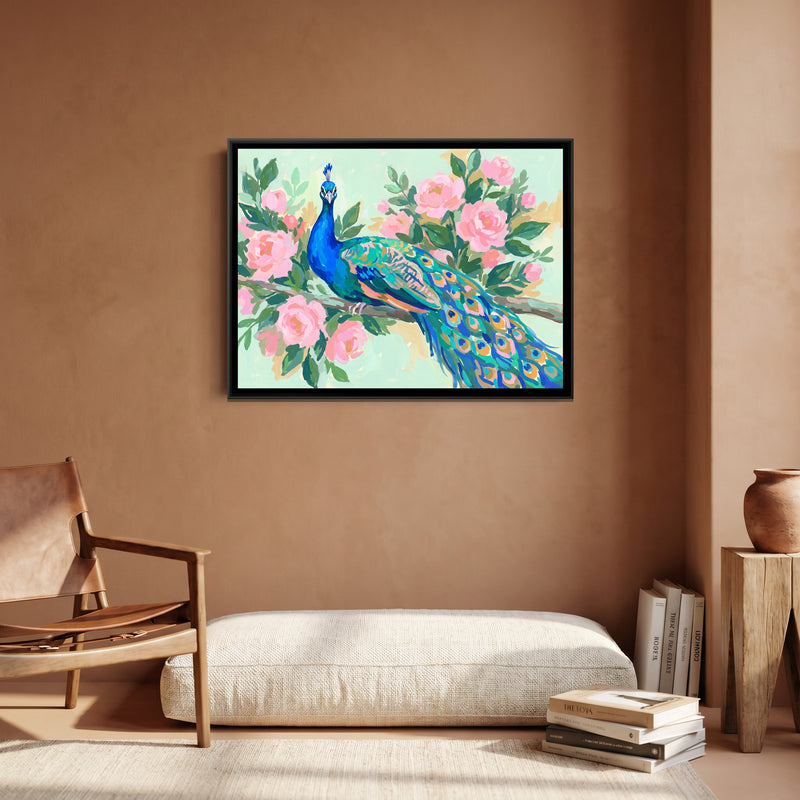 Peacock Amidst Pink Blooms - canvas art shown in a second room setting