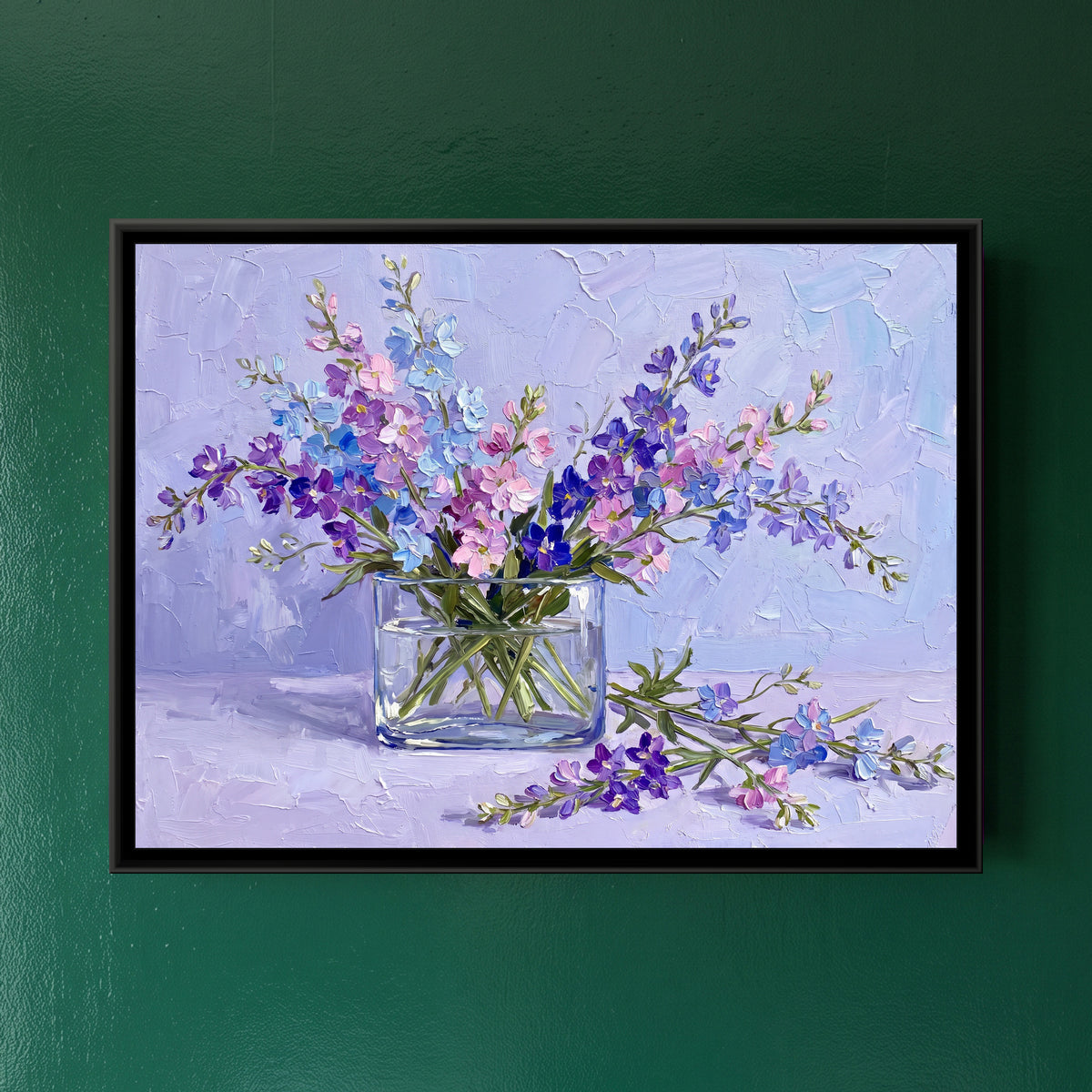 Sprawling Blooms in Glass - framed canvas art hung on a wall