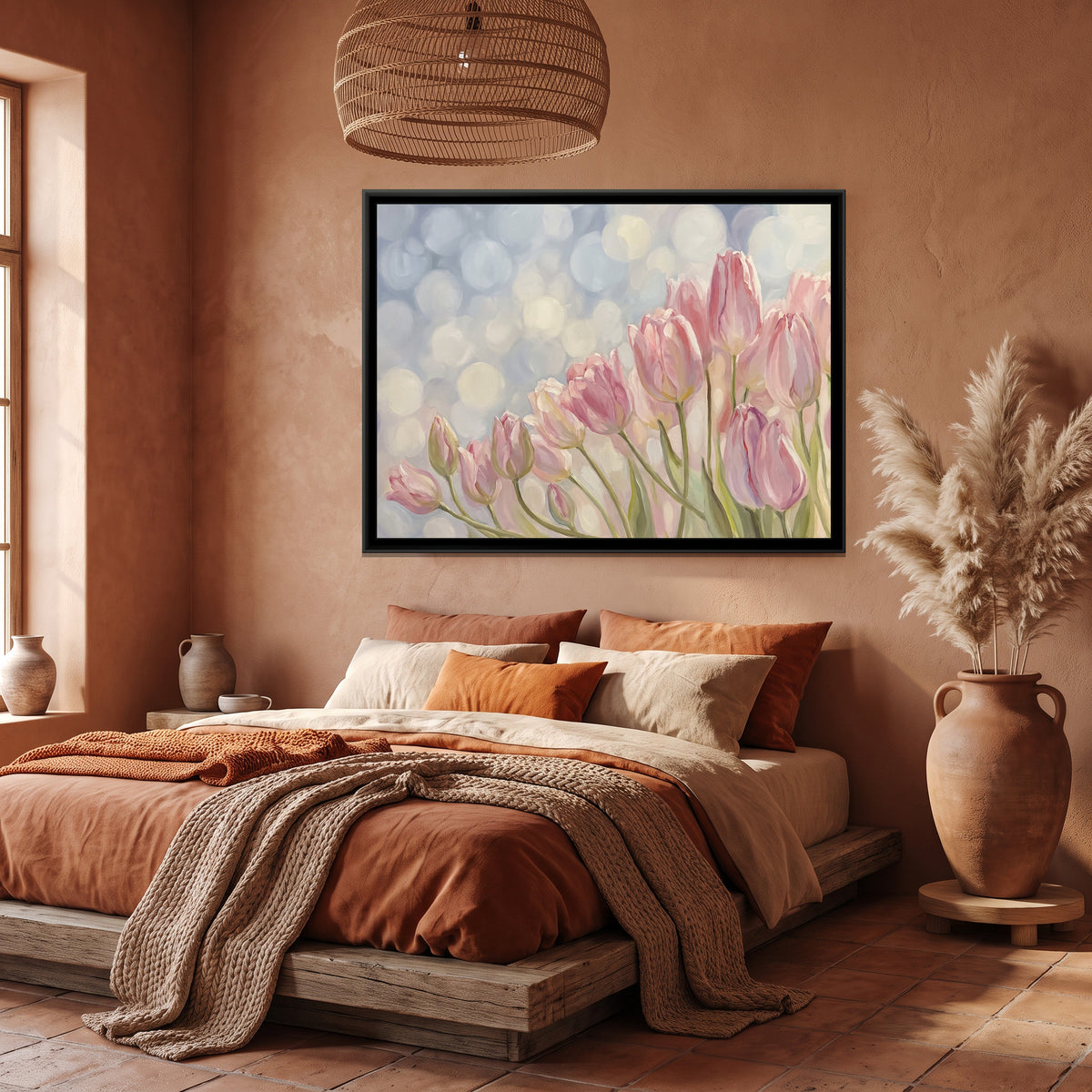 Sweeping Pink Tulips - canvas art shown in a second room setting