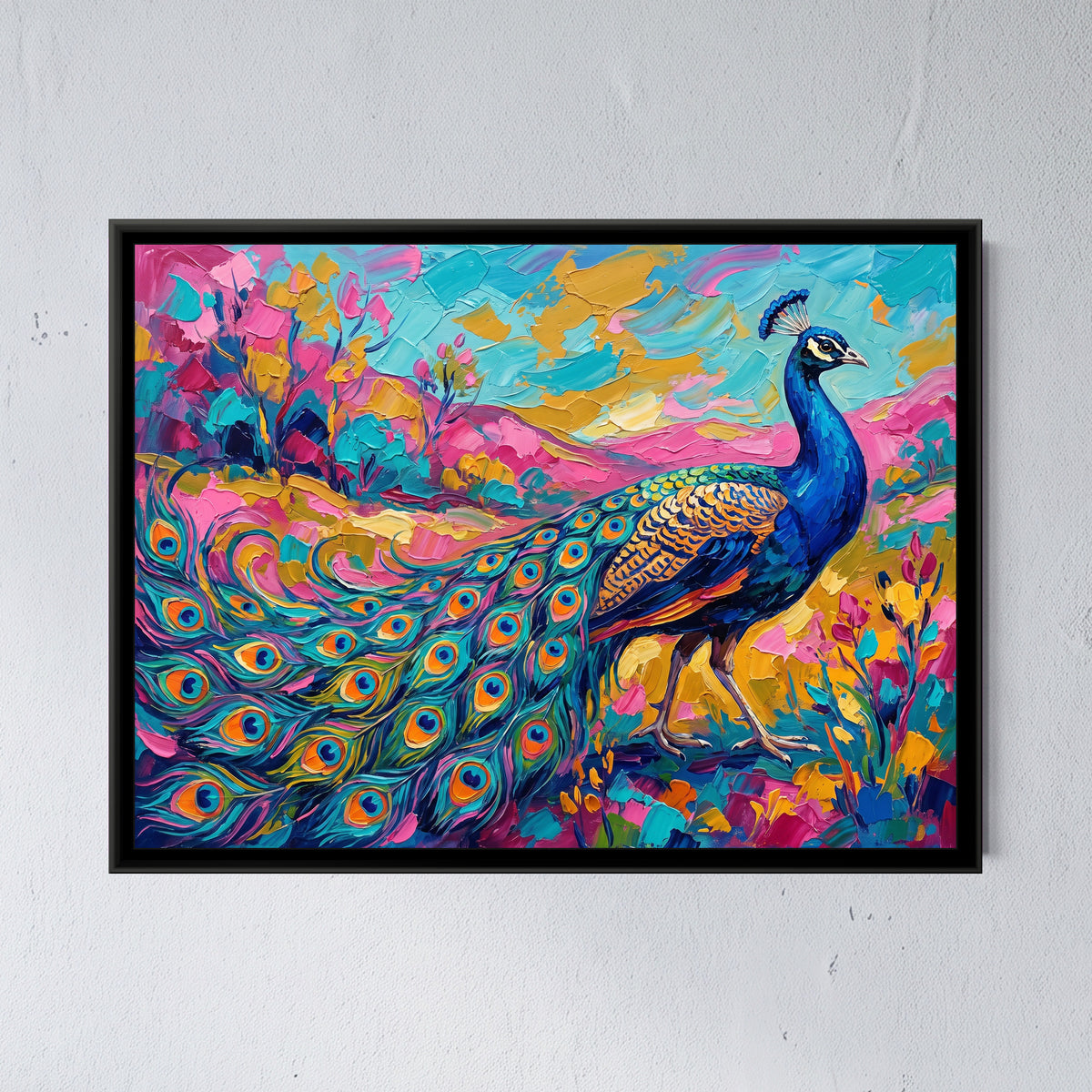 Trailing Azure Plumage - framed canvas art hung on a wall