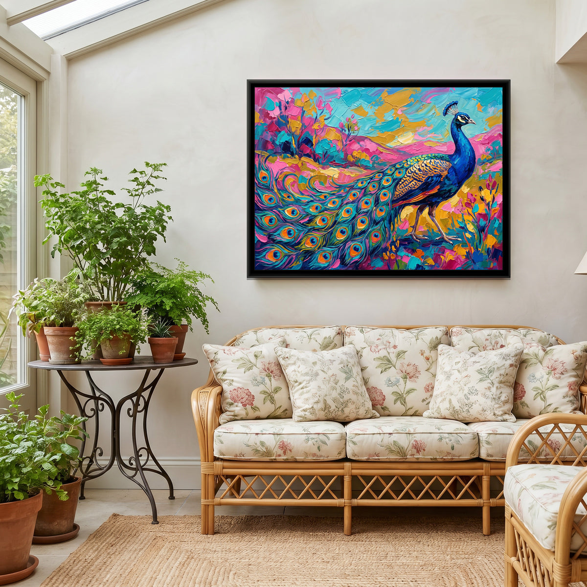 Trailing Azure Plumage - canvas art shown in a styled room
