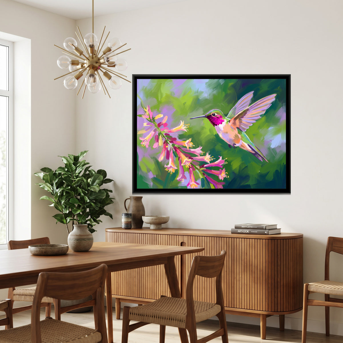 Jeweled Hover - canvas art shown in a second room setting