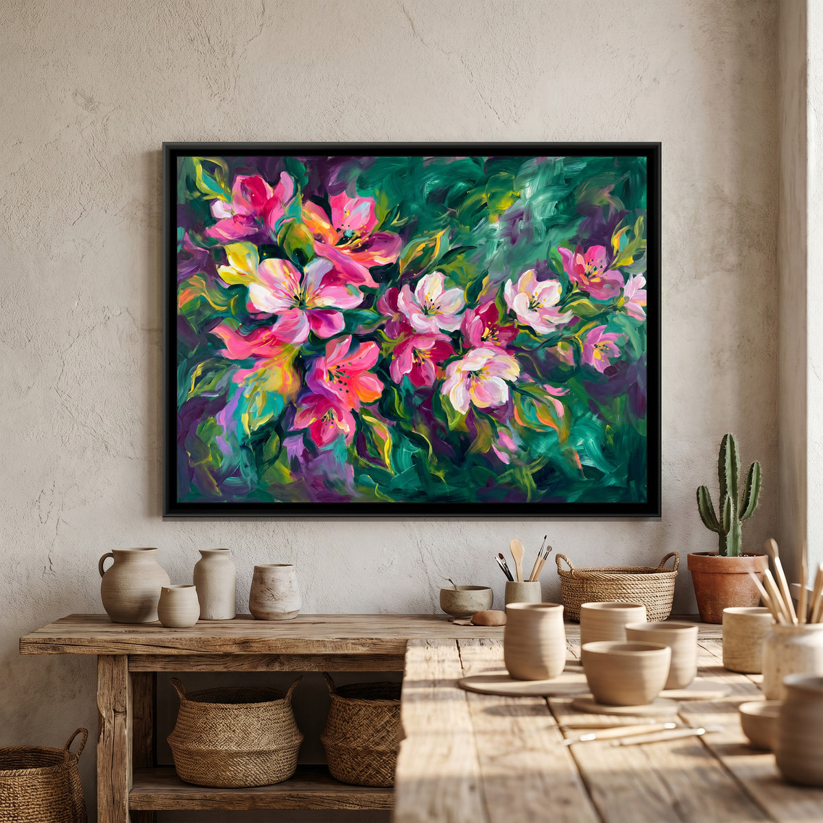 Magenta Floral Sweep - canvas art shown in a second room setting