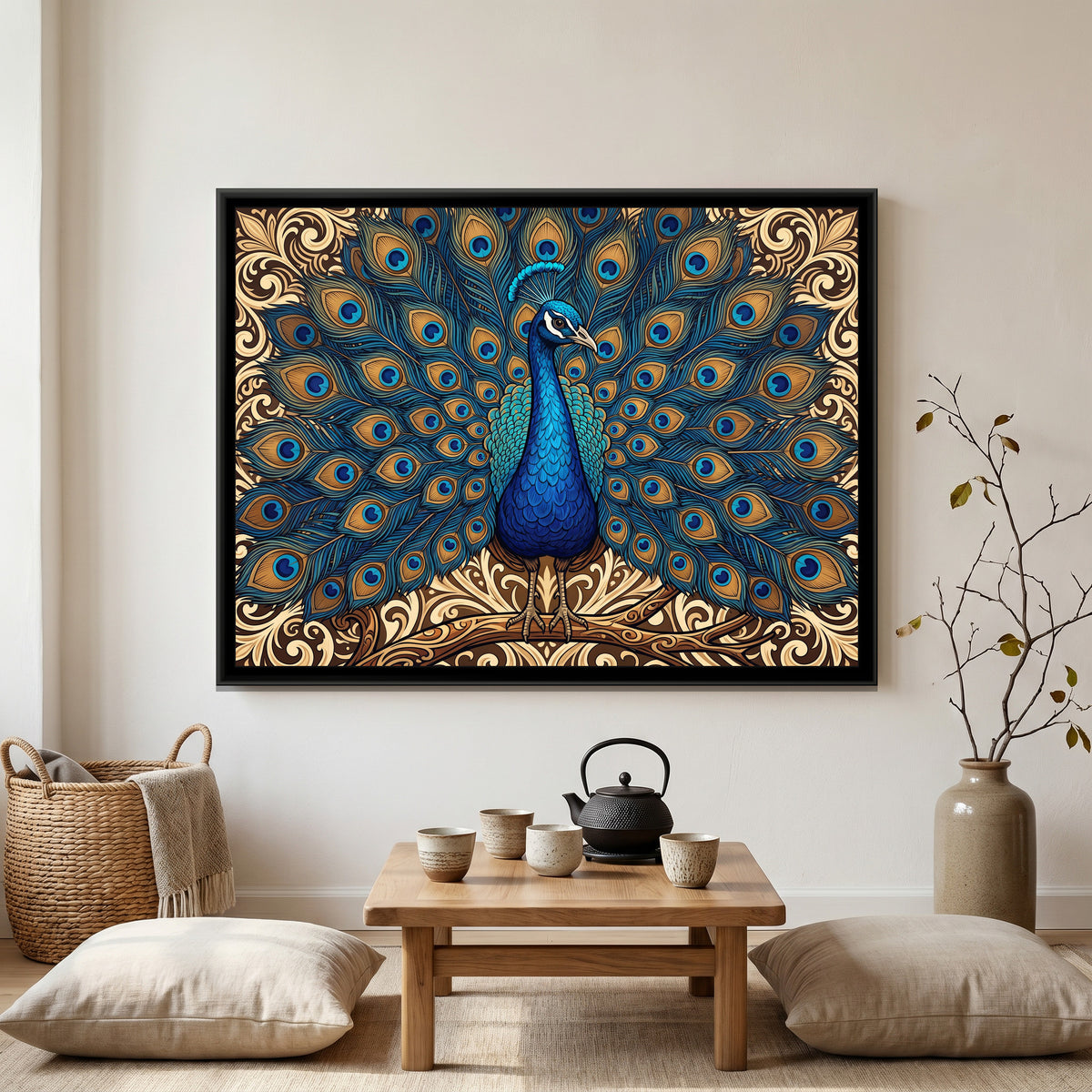 Azure Majesty in Gold - canvas art shown in a styled room