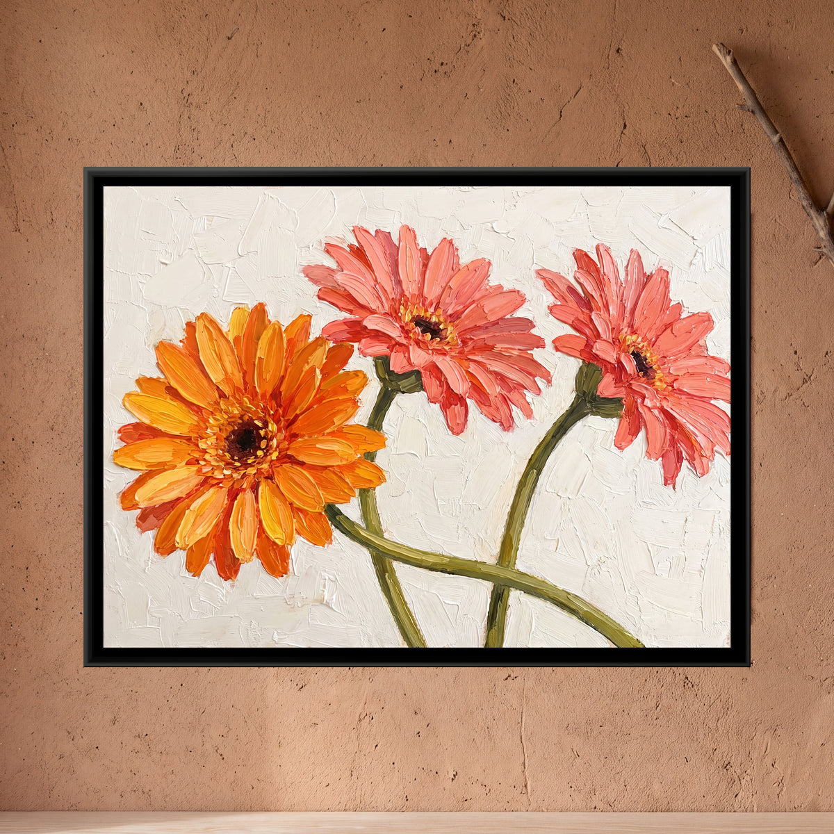 Impasto Gerberas in Bloom - framed canvas art hung on a wall