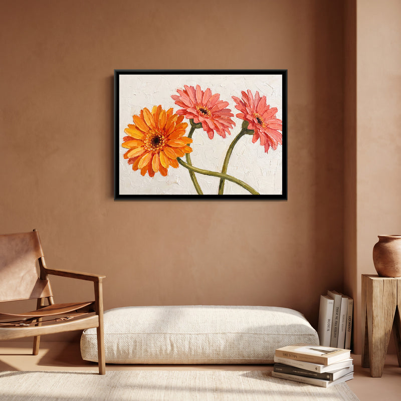 Gerberas in Bloom - canvas art shown in a styled room
