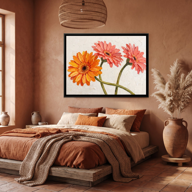 Gerberas in Bloom - canvas art shown in a second room setting