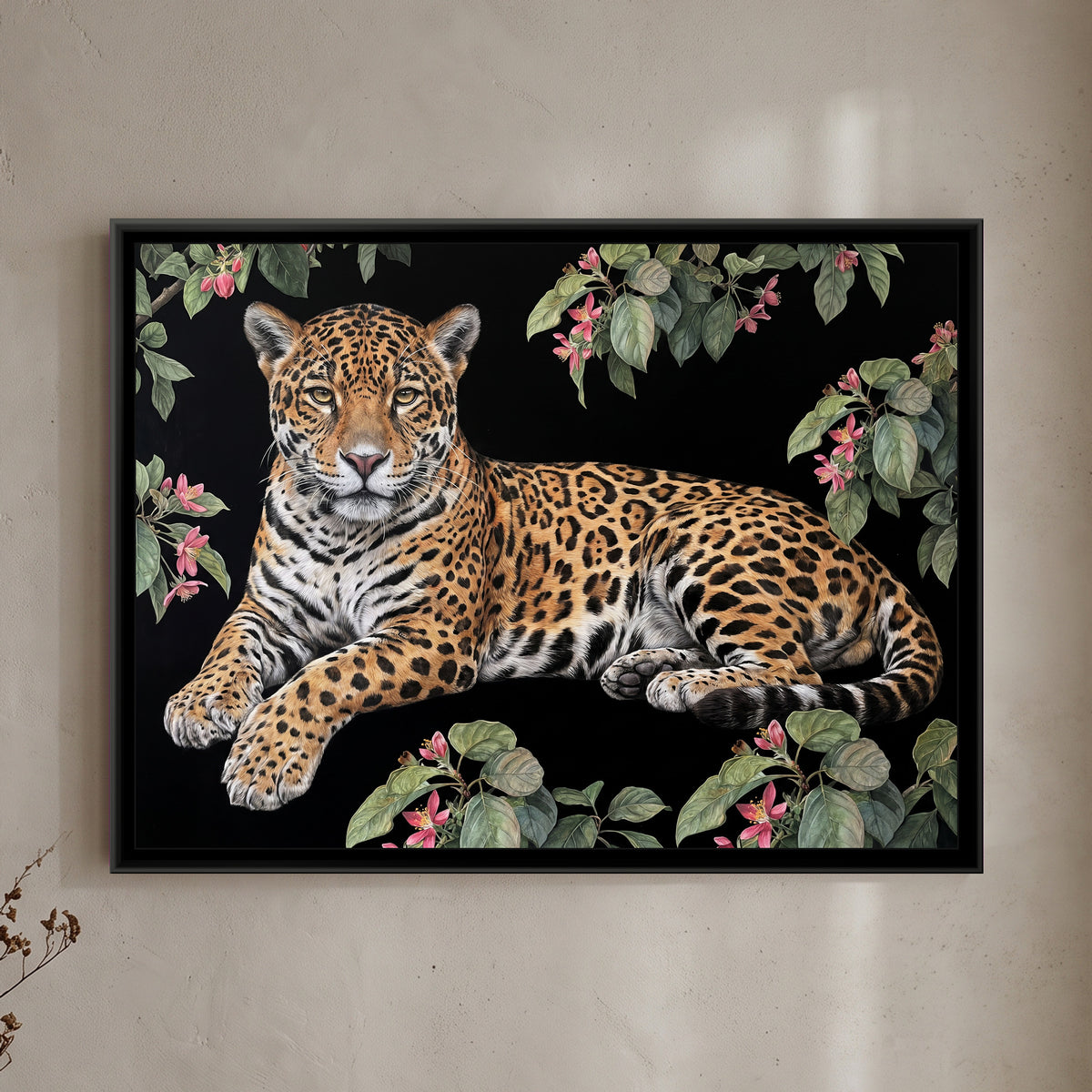 Jaguar Among the Blossoms - framed canvas art hung on a wall