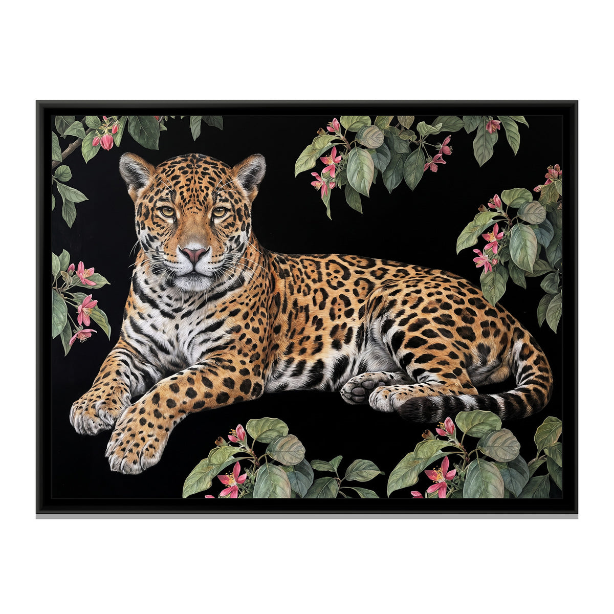Jaguar Among the Blossoms - framed canvas print, front view