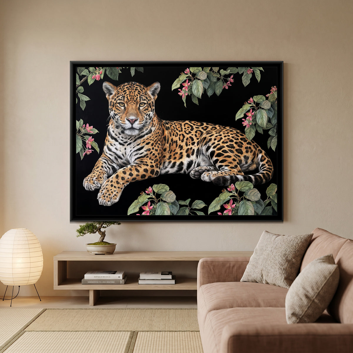 Jaguar Among the Blossoms - canvas art shown in a styled room