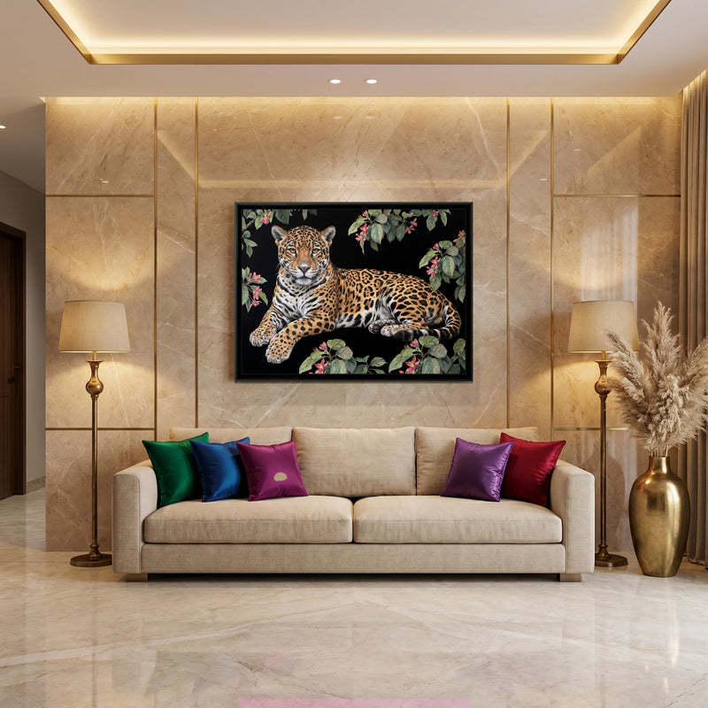 Jaguar Among the Blossoms - canvas art shown in a second room setting