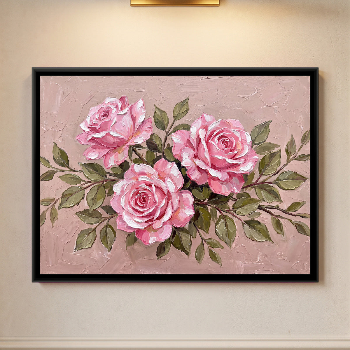 Blushing Impasto Roses - framed canvas art hung on a wall