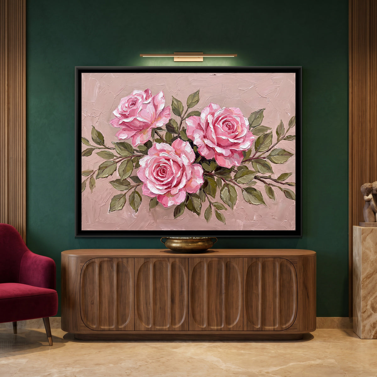 Blushing Impasto Roses - canvas art shown in a styled room