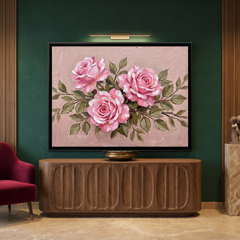Blushing Roses - canvas art shown in a styled room