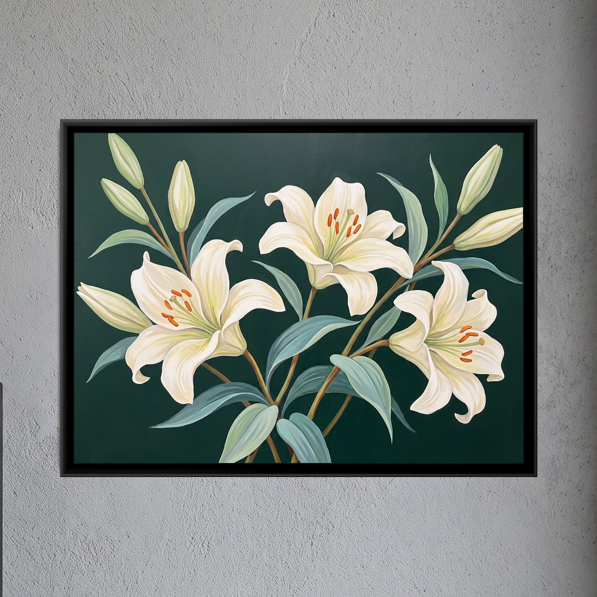 Emerald and Ivory Bloom - framed canvas art hung on a wall