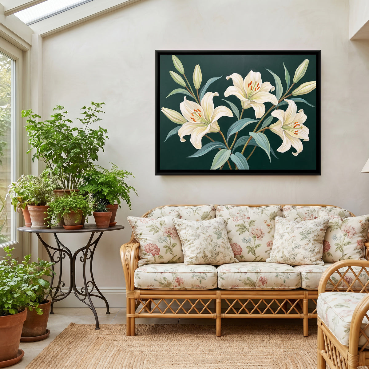 Emerald and Ivory Bloom - canvas art shown in a styled room