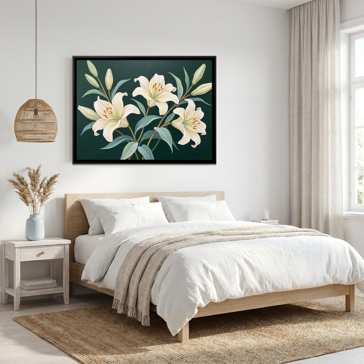 Emerald and Ivory Bloom - canvas art shown in a second room setting