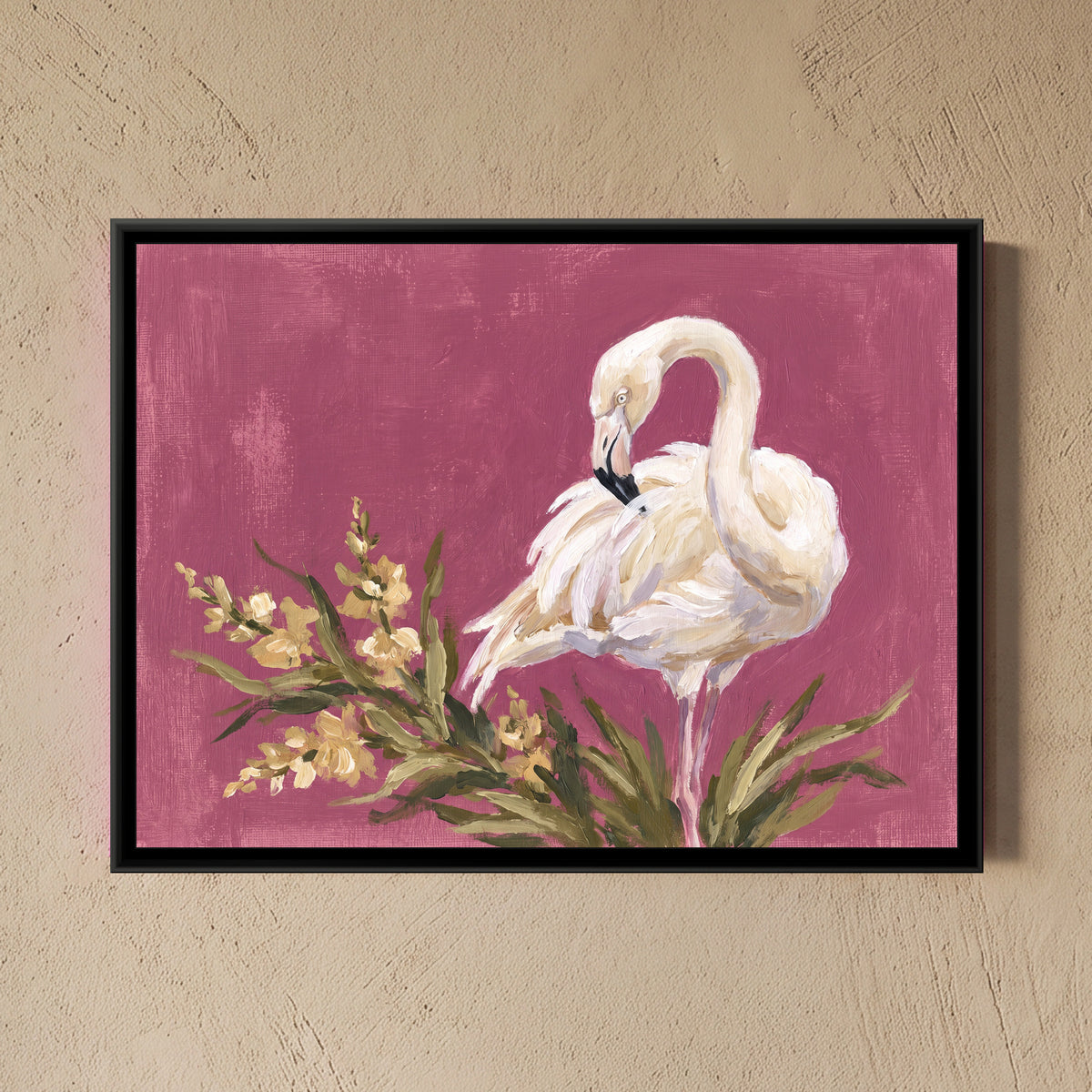 White Flamingo on Dusty Magenta - framed canvas art hung on a wall