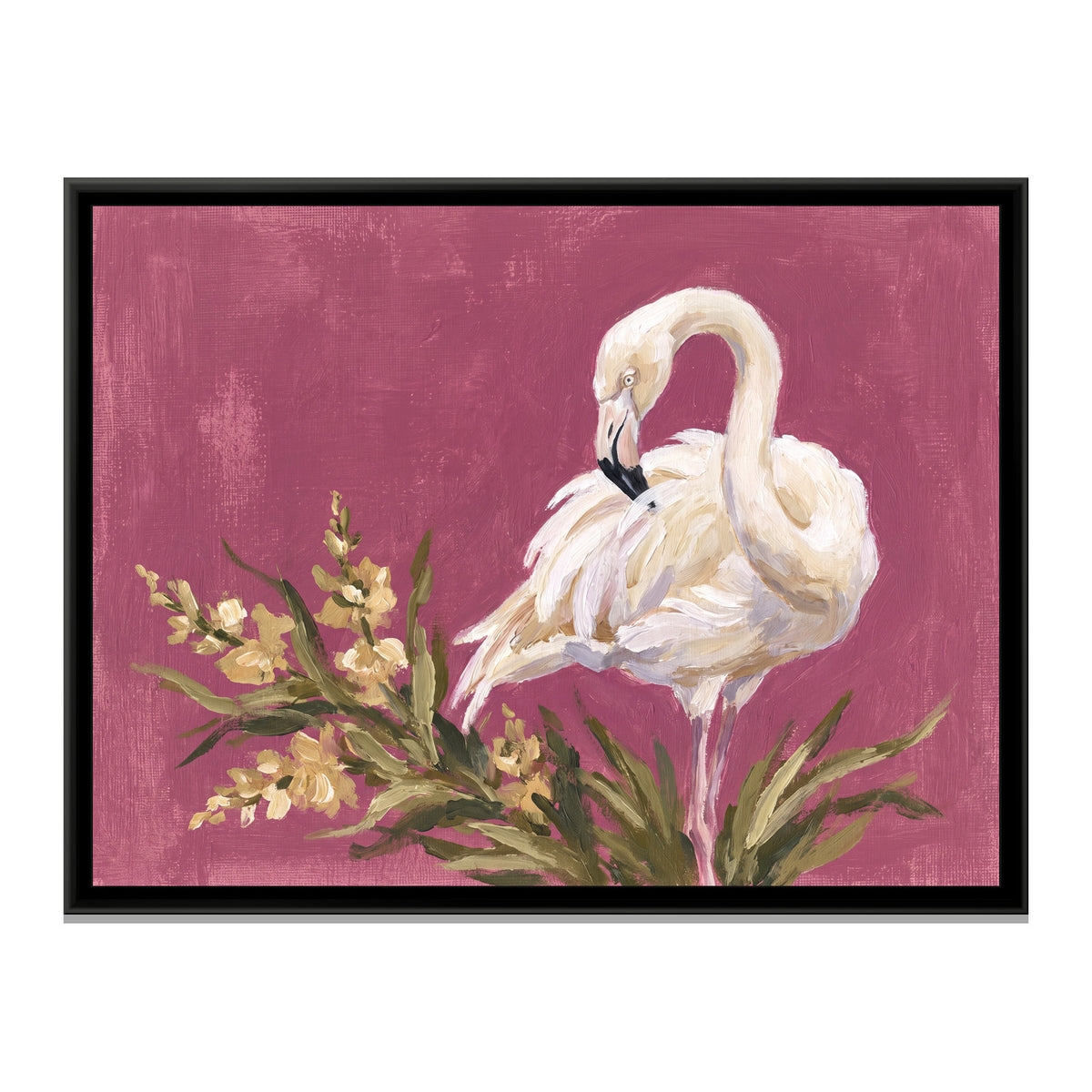 White Flamingo on Dusty Magenta - framed canvas print, front view