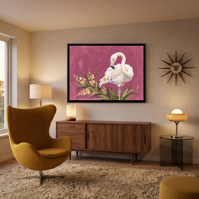 White Flamingo on Dusty Magenta - canvas art shown in a styled room