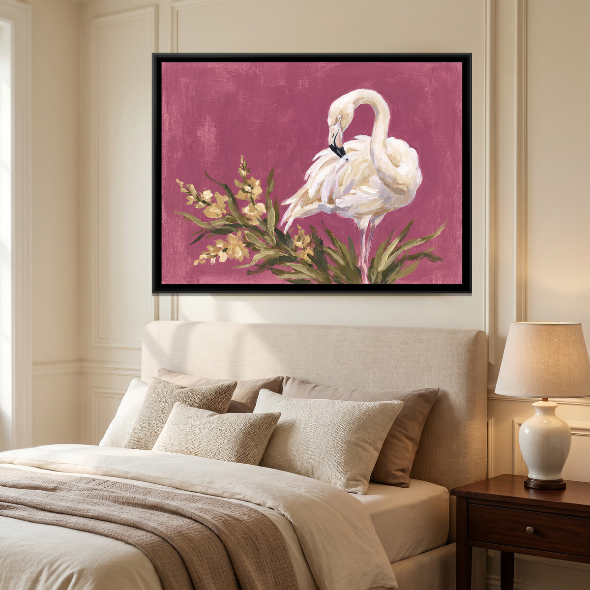 White Flamingo on Dusty Magenta - canvas art shown in a second room setting