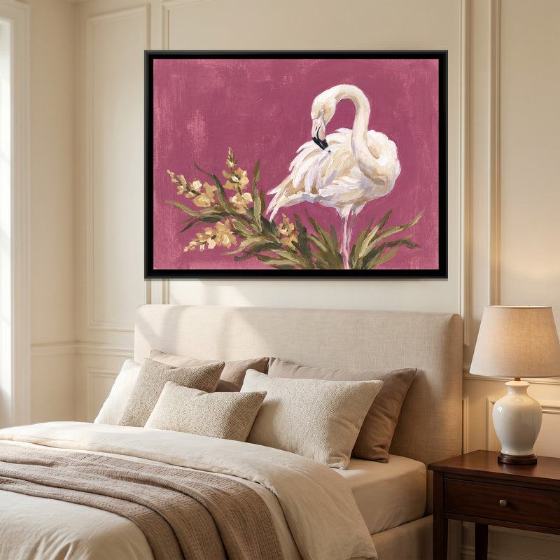 White Flamingo on Dusty Magenta - canvas art shown in a second room setting
