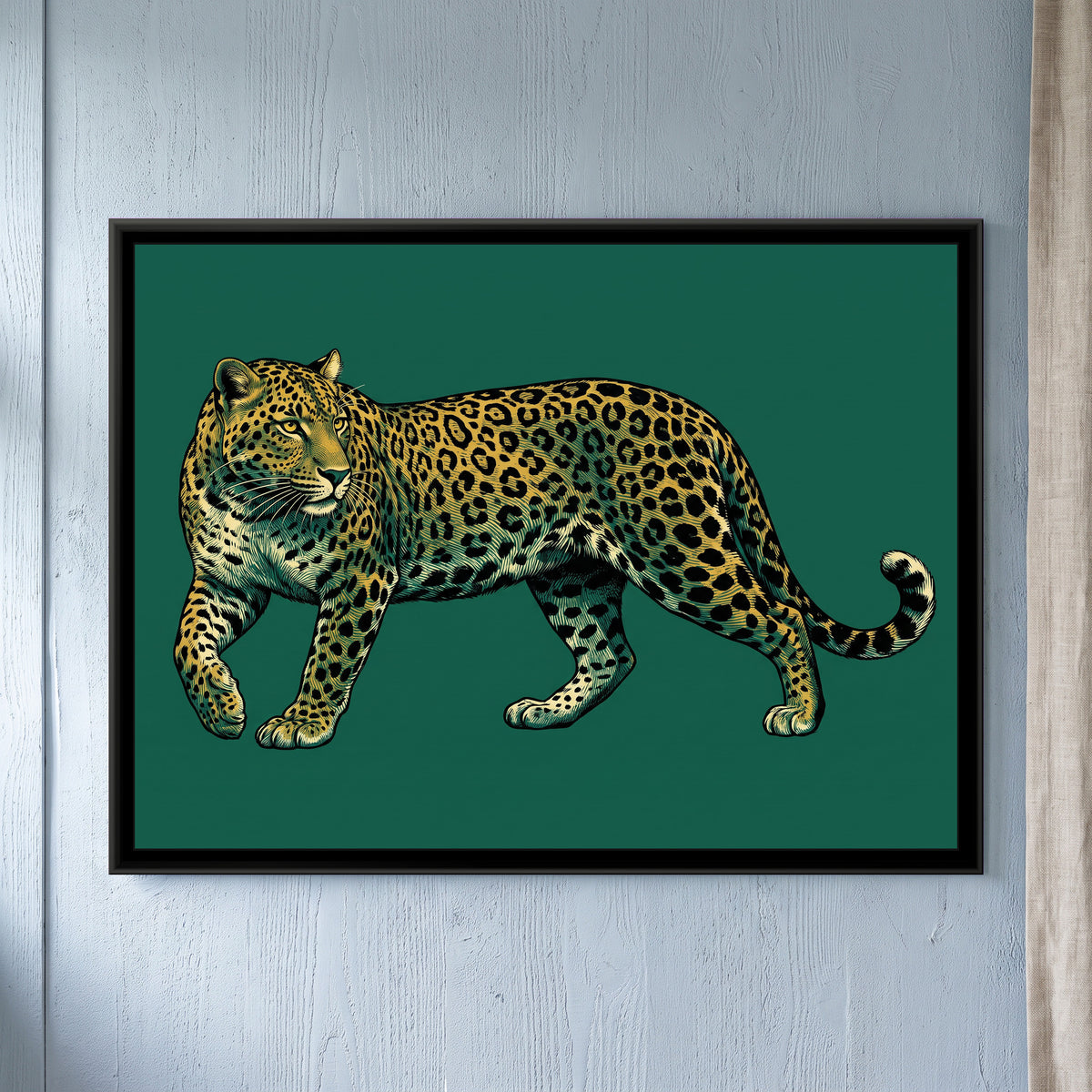Teal Prowler - framed canvas art hung on a wall