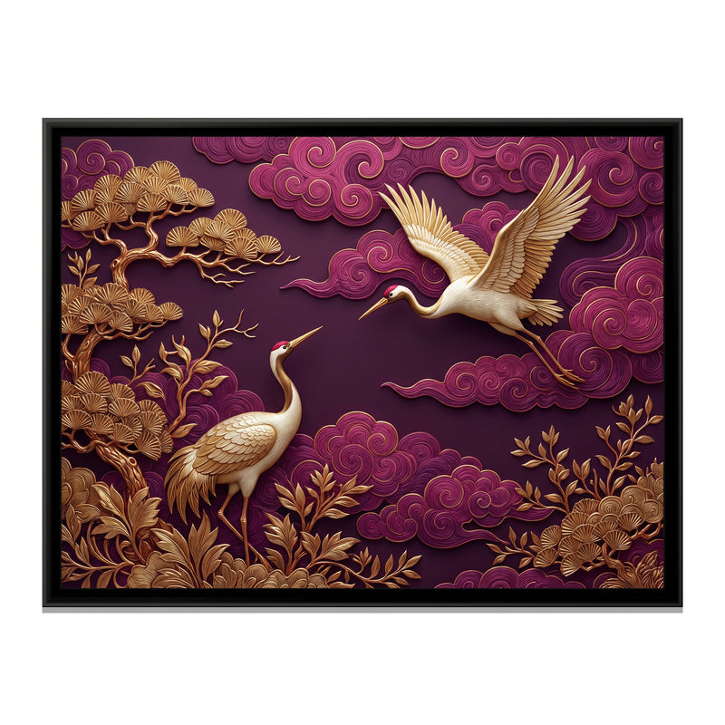 Golden Cranes in Plum Skies - framed canvas print, front view