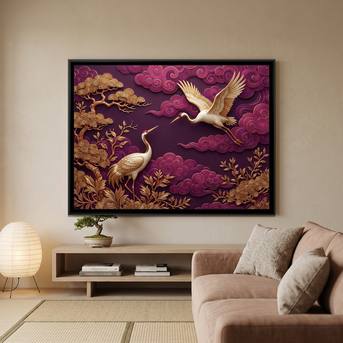 Golden Cranes in Plum Skies - canvas art shown in a styled room