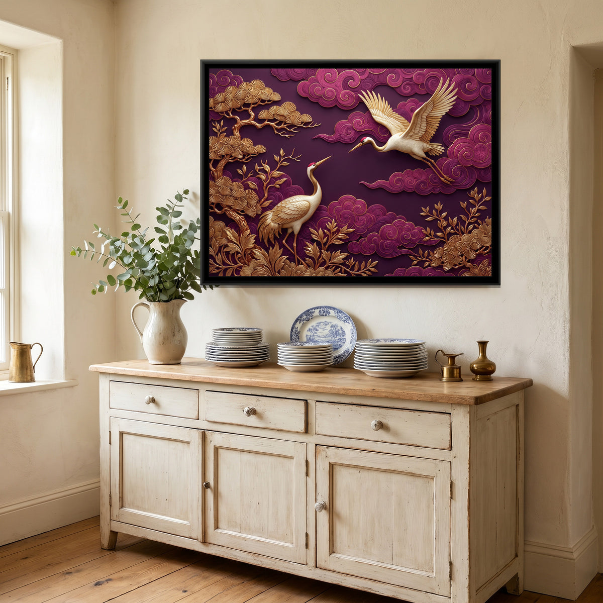 Golden Cranes in Plum Skies - canvas art shown in a second room setting