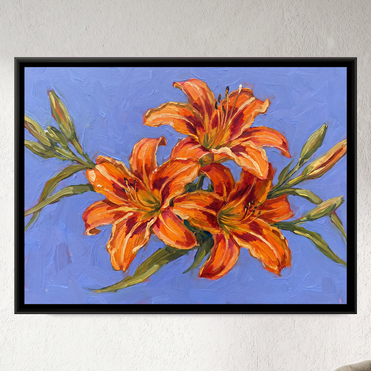 Lilies in the Morning Light - framed canvas art hung on a wall