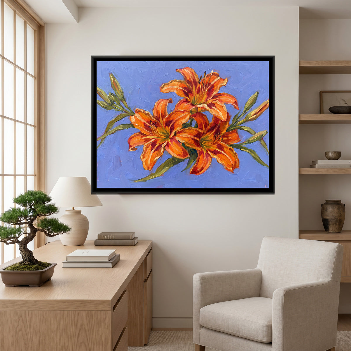 Lilies in the Morning Light - canvas art shown in a styled room